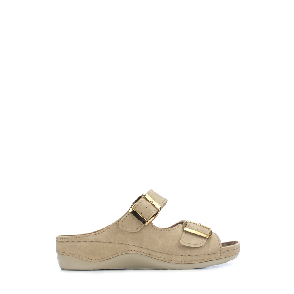 Сабо женские на каждый день из искуссвенного нубука на двух ремешках с открытым носом цвет бежевый