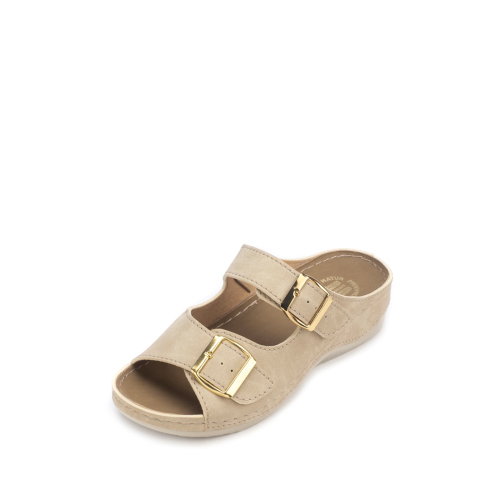 Сабо женские на каждый день из искуссвенного нубука на двух ремешках с открытым носом цвет бежевый