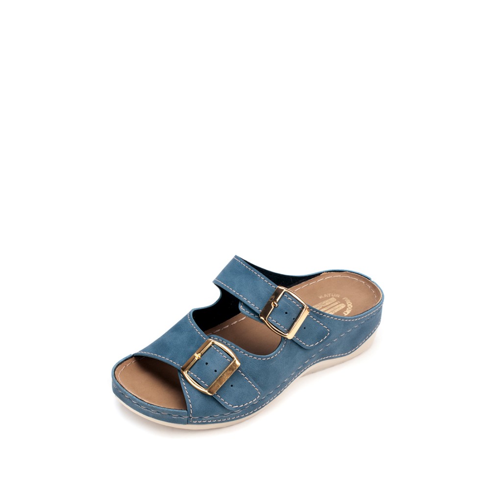 Сабо женские на каждый день из искуссвенного нубука на двух ремешках с открытым носом цвет синий джинс