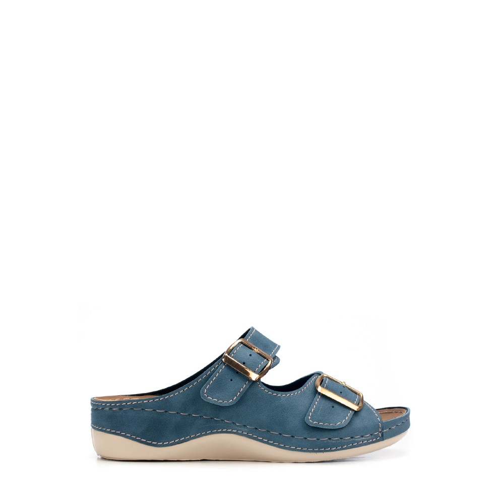 Сабо женские на каждый день из искуссвенного нубука на двух ремешках с открытым носом цвет синий джинс