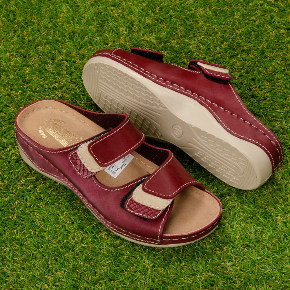 Сабо женские повседневные из искуссвенного нубука на двух липучках с открытым носом цвет бордовый глянец