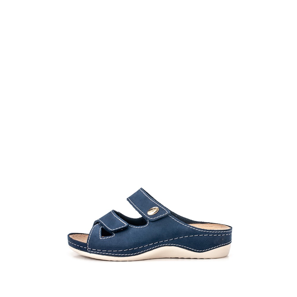 Сабо женские повседневные на липучке из искуссвенного нубука с открытым носом цвет синий глянец