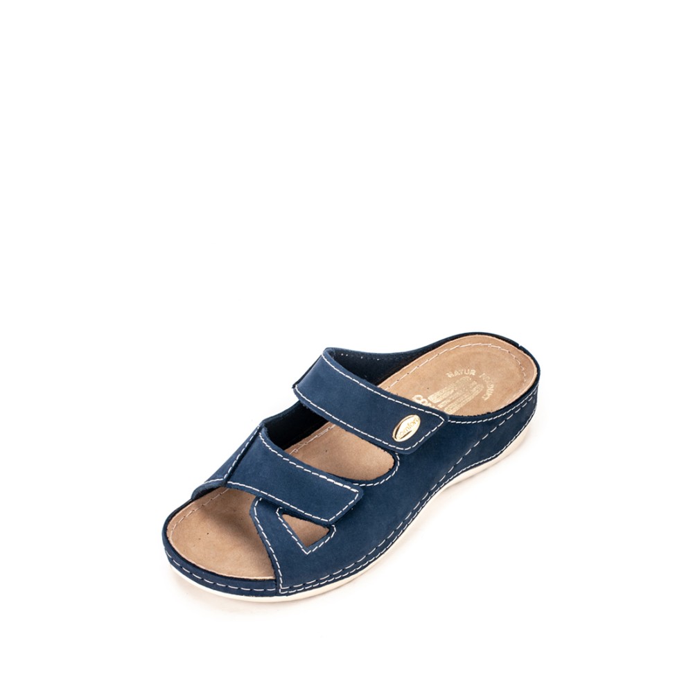 Сабо женские повседневные на липучке из искуссвенного нубука с открытым носом цвет синий глянец