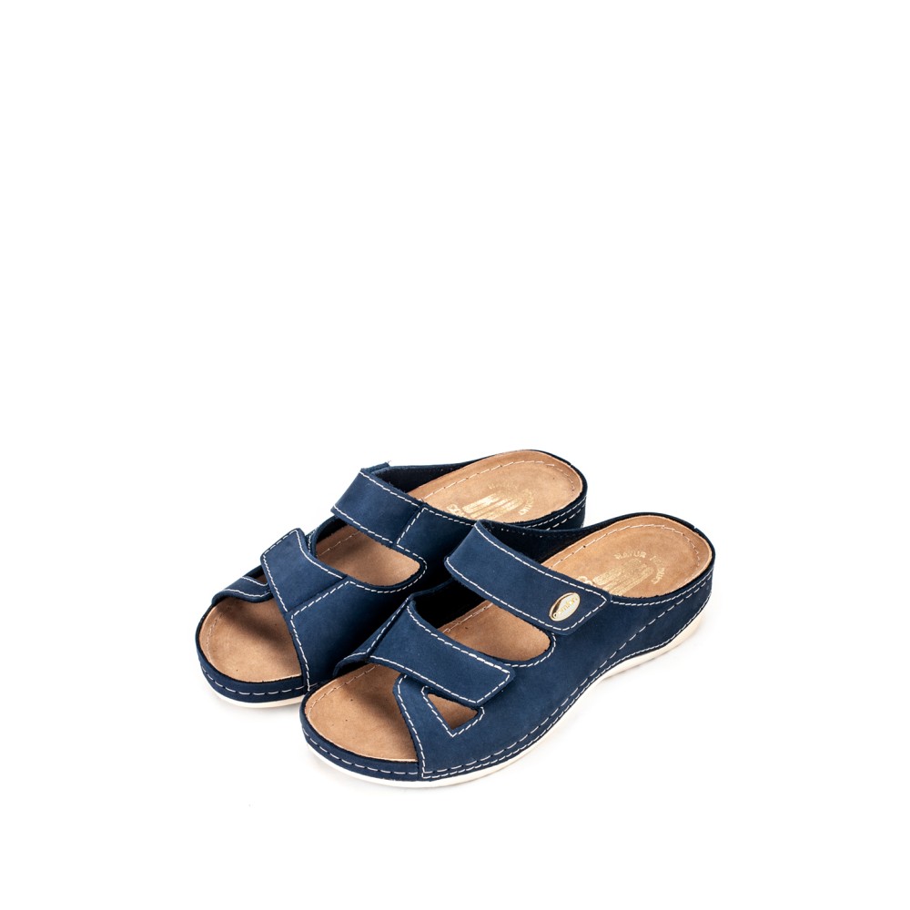 Сабо женские повседневные на липучке из искуссвенного нубука с открытым носом цвет синий глянец