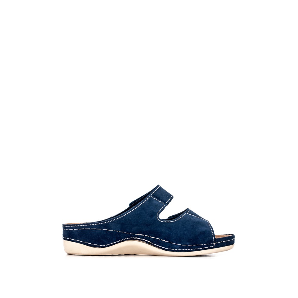 Сабо женские повседневные на липучке из искуссвенного нубука с открытым носом цвет синий глянец