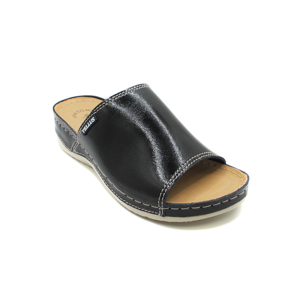 Сабо женские из натуральной кожи с открытым носом и стелькой из иск. нубука цвет чёрный лак