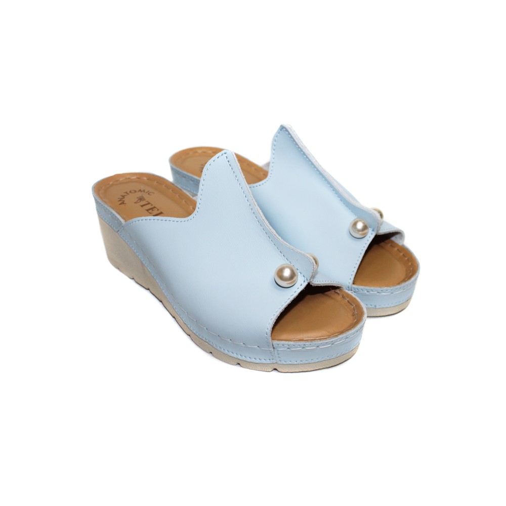 Сабо женские на каждый день из натурлной кожи с открытым носом цвет голубой