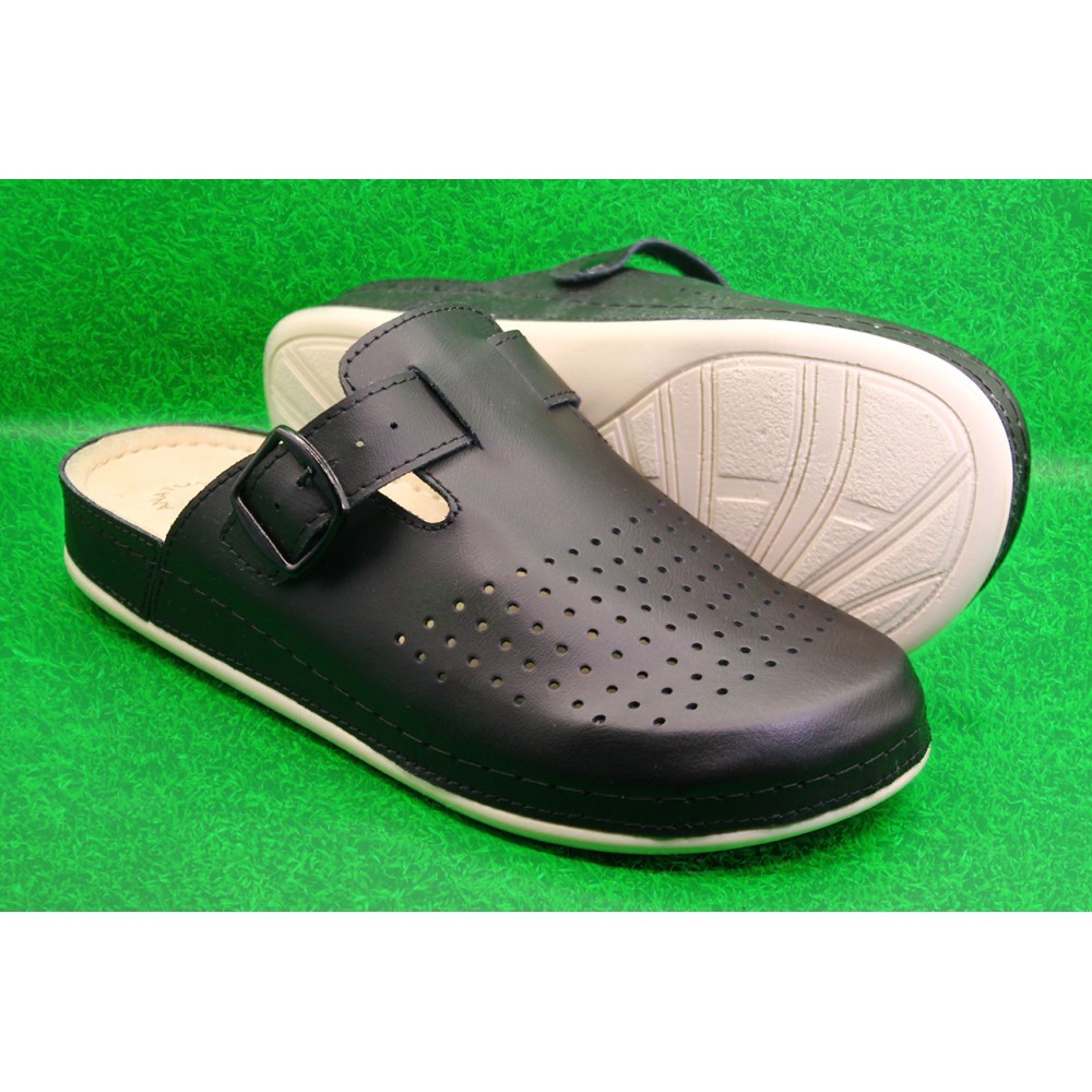 Сабо мужские из натуральной кожи с перфорацией и ремешком цвет чёрный