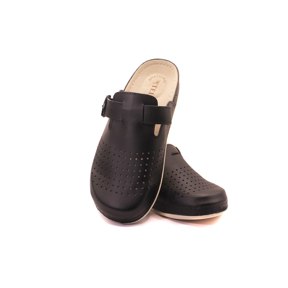 Сабо мужские из натуральной кожи с перфорацией и ремешком цвет чёрный