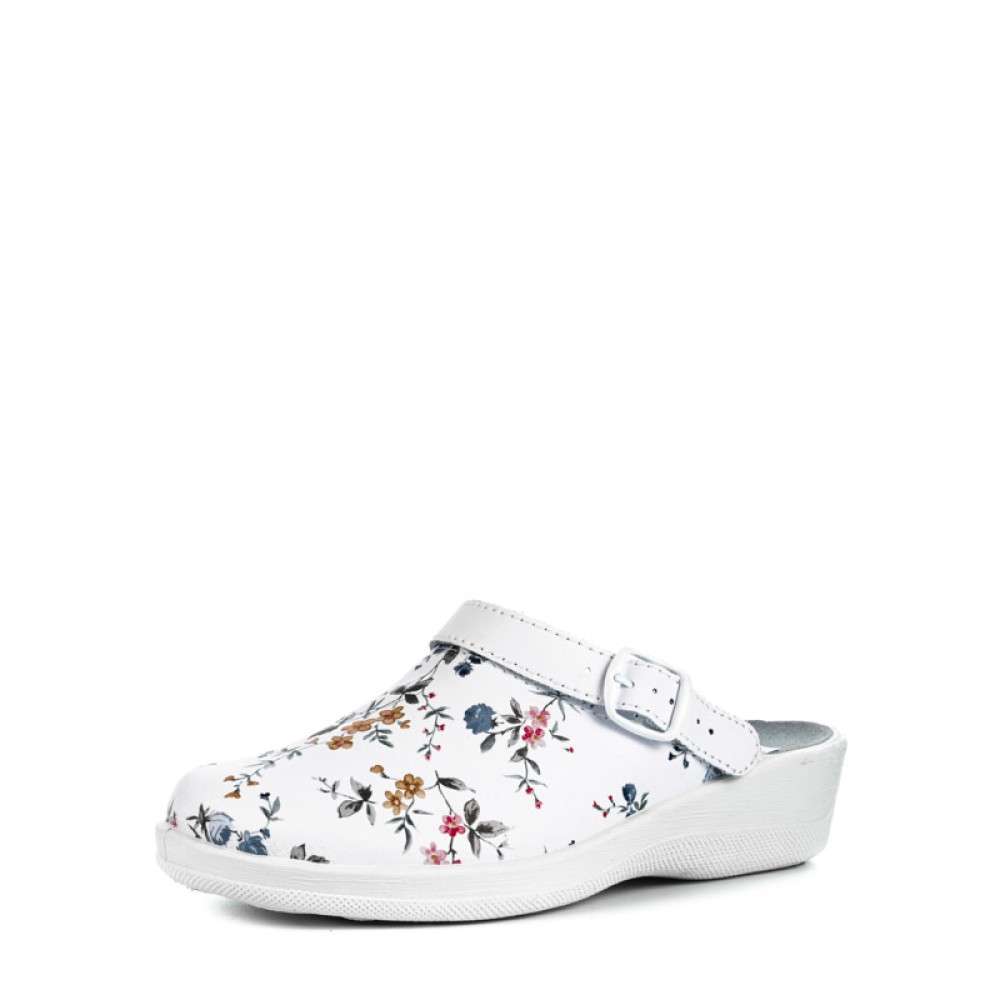 Сабо женские из натуральной кожи без перфорации с ремешком на среднем подъеме цвет белый с принтом