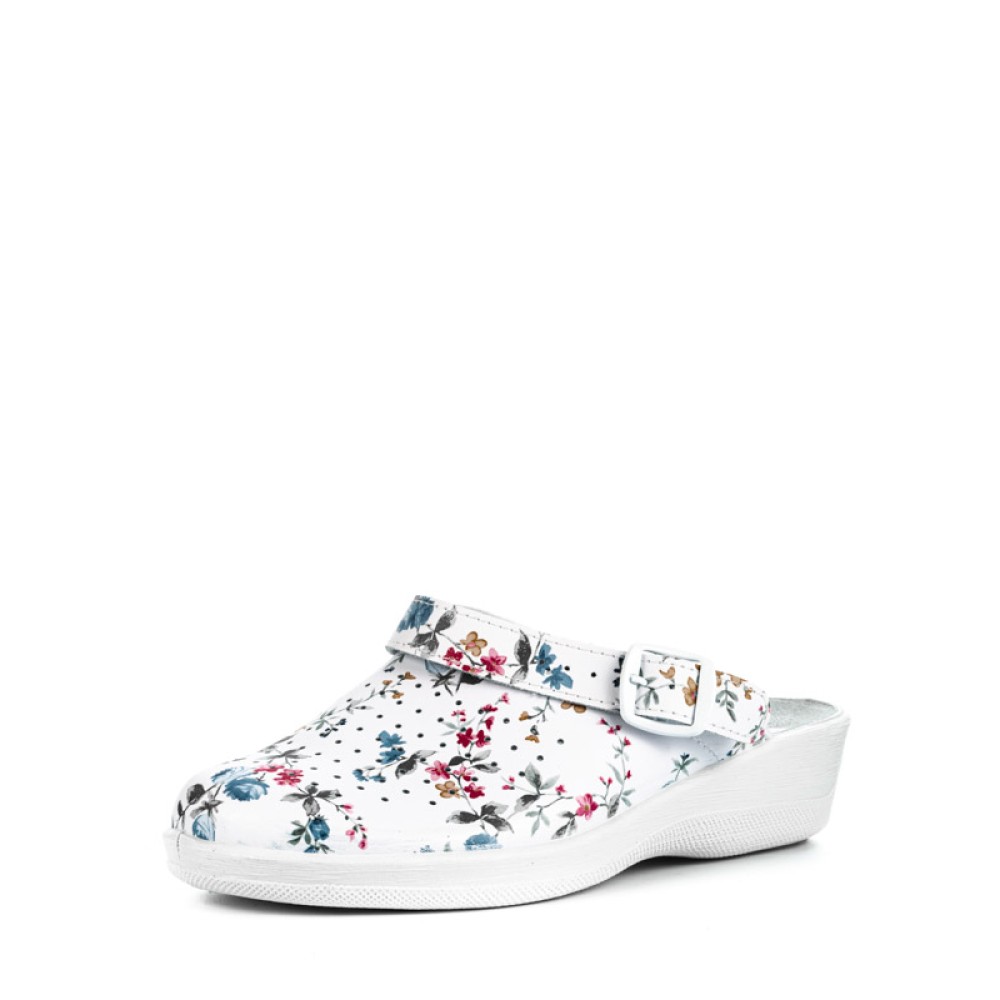 Сабо женские из натуральной кожи с ремешком на среднем подъеме цвет белый с принтом