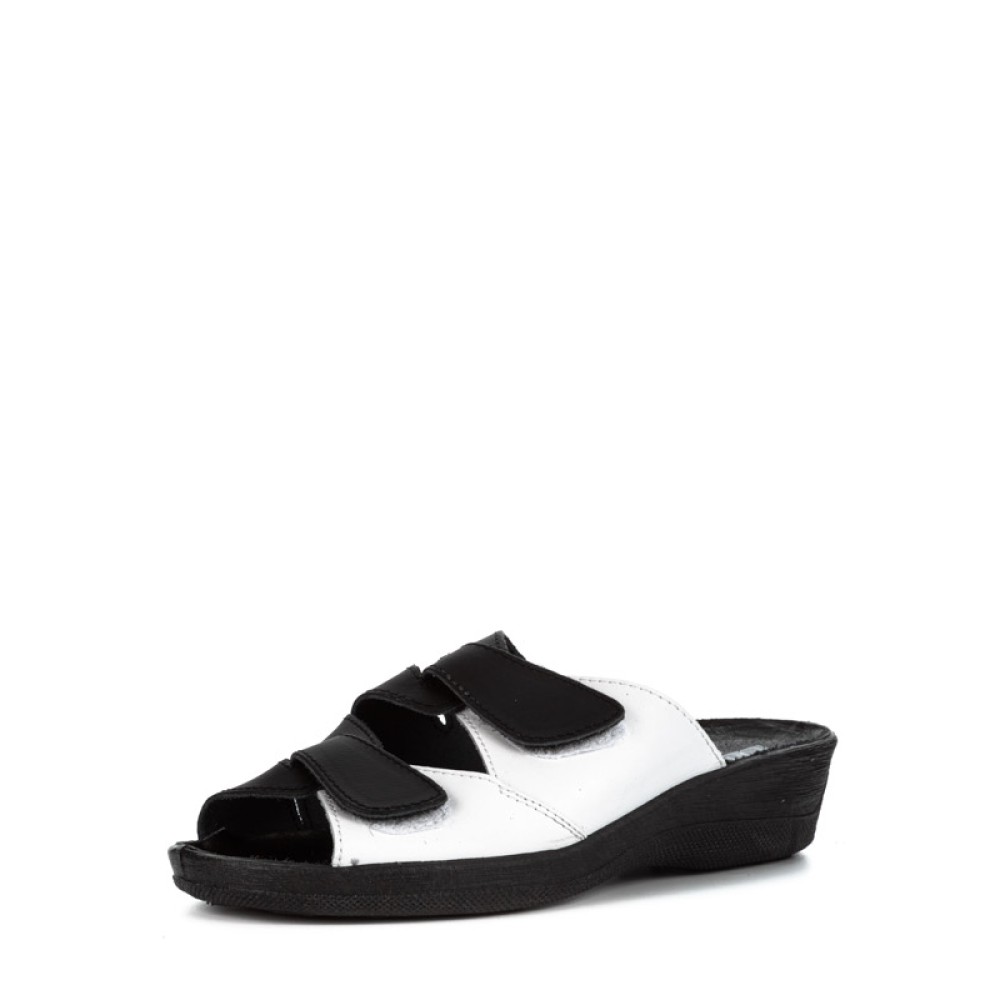 Сабо женские из натуральной кожи с открытым носом и натуральной стелькой цвет белый-чёрный