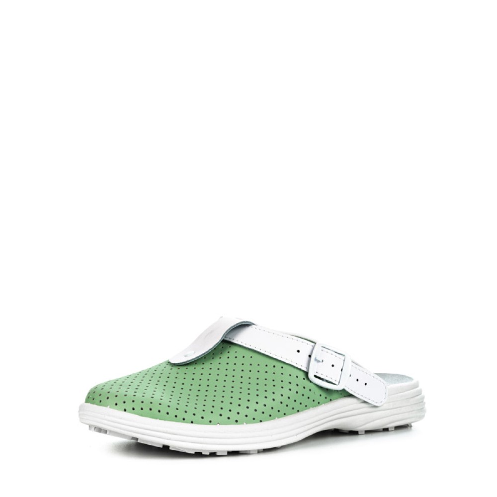 Сабо женские из натуральной кожи с белым ремешком и натуральной стелькой цвет зелёный