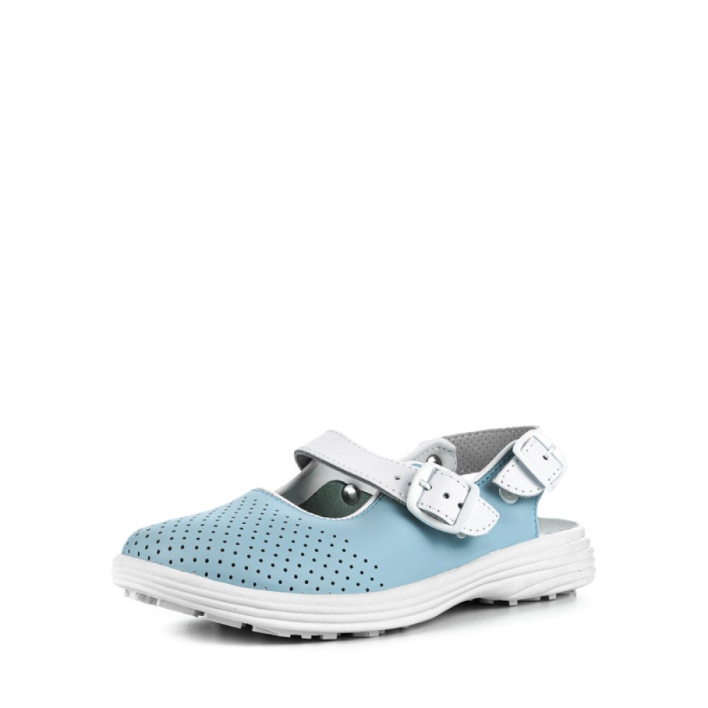 Сандалии сабо женские из натуральной кожи с белым ремешком и натуральной стелькой цвет голубой