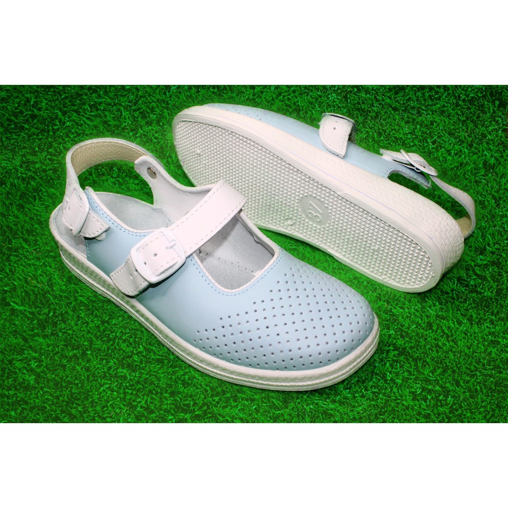 Сандалии сабо женские из натуральной кожи с белым ремешком и натуральной стелькой цвет голубой