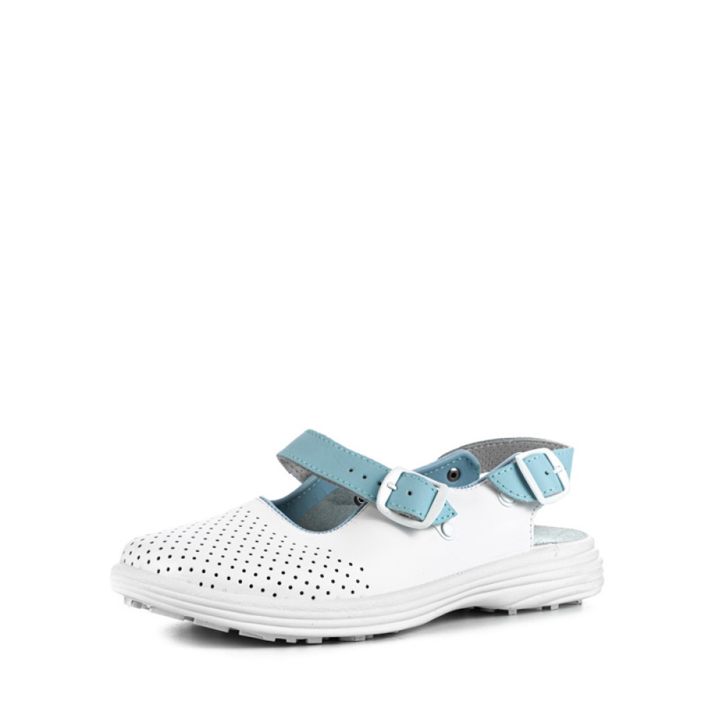 Сандалии сабо женские из натуральной кожи с голубым ремешком и натуральной стелькой цвет белый