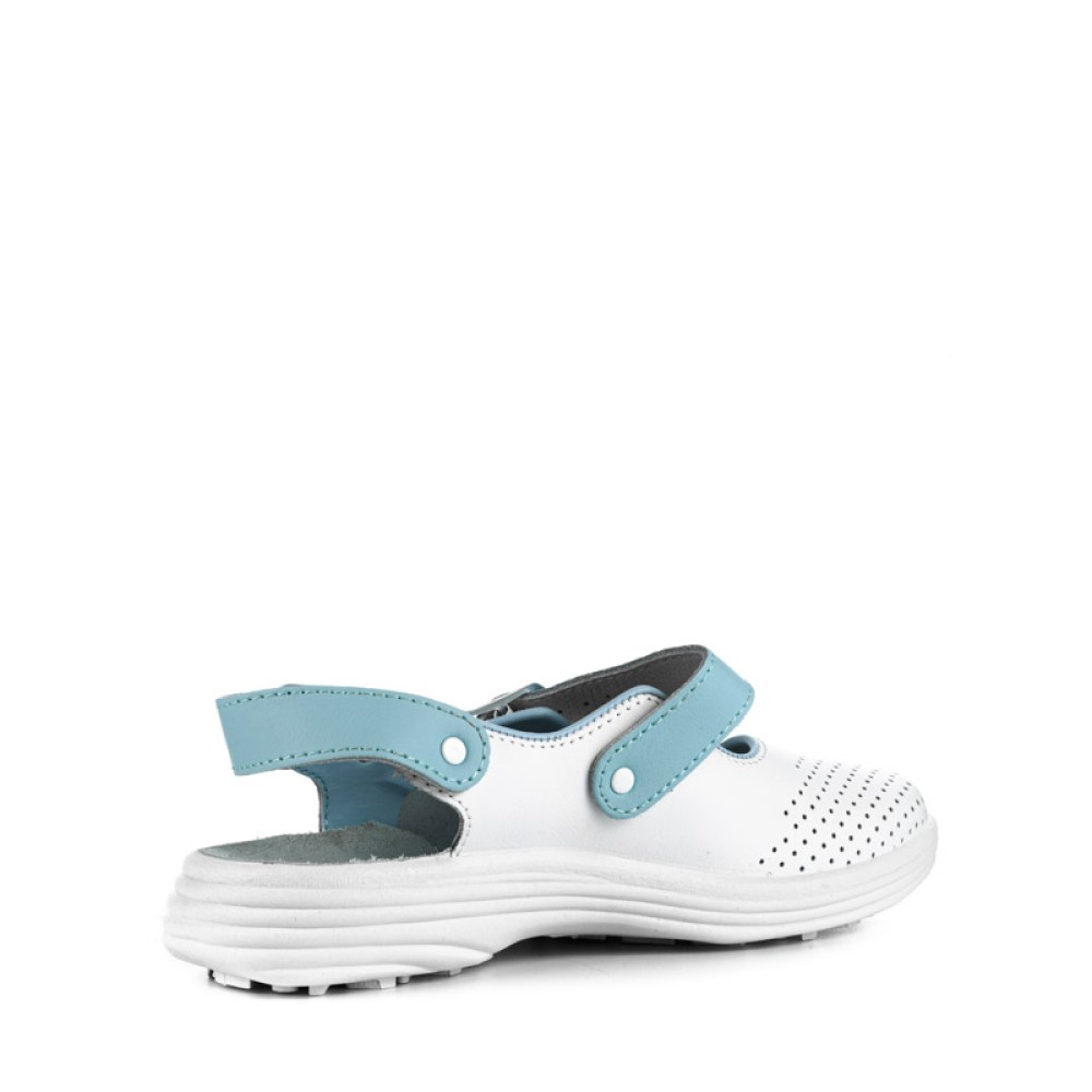 Сандалии сабо женские из натуральной кожи с голубым ремешком и натуральной стелькой цвет белый