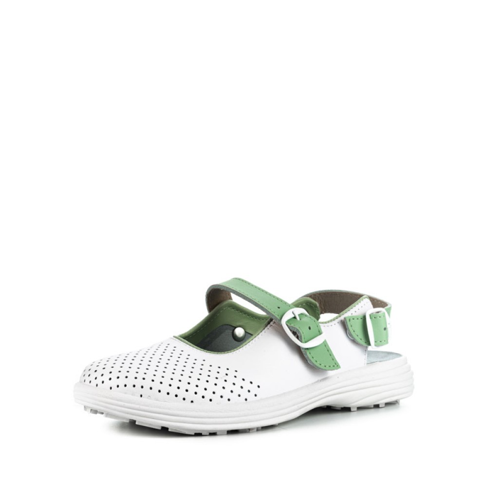 Сандалии сабо женские из натуральной кожи с зелёным ремешком и натуральной стелькой цвет белый
