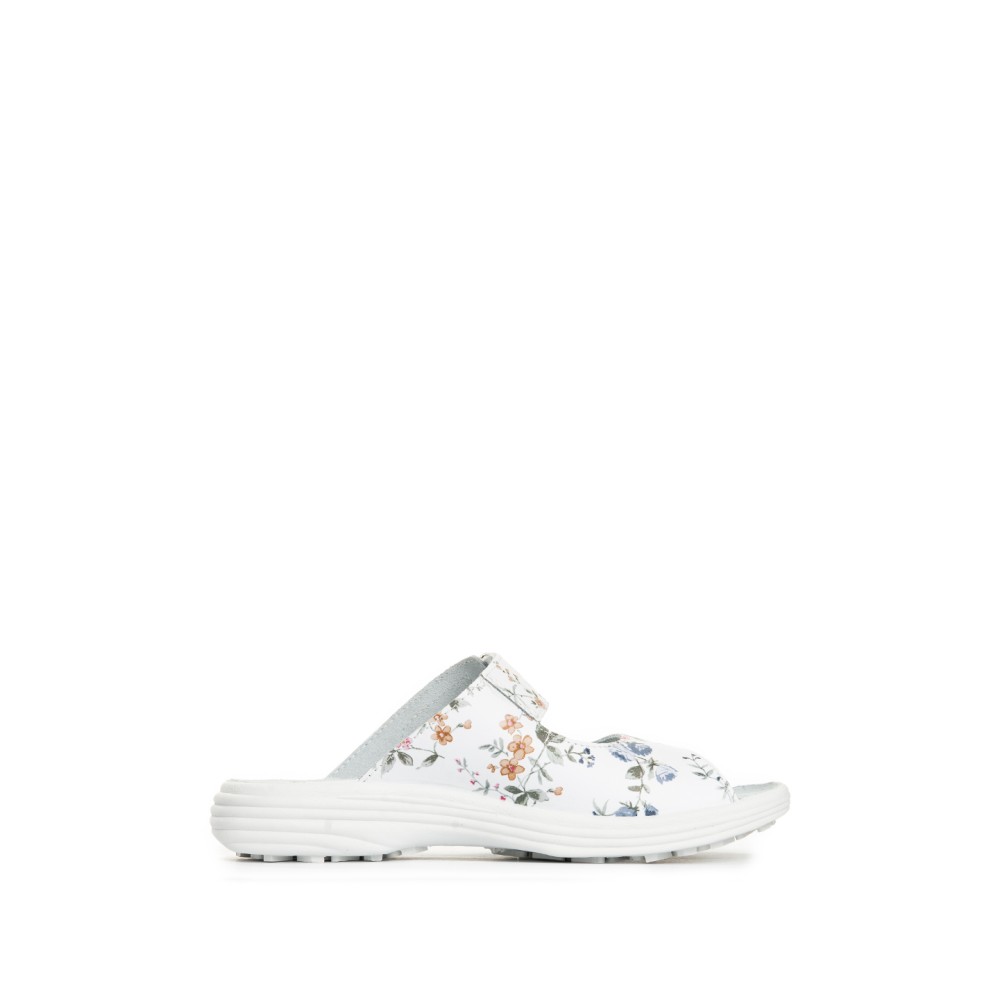 Сабо женские из натуральной кожи с открытым носом на липучке цвет белый с принтом