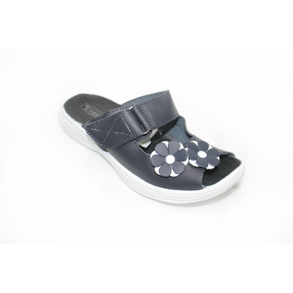 Сабо женские из натуральной кожи с открытым носом на липучке цвет тёмно-синий