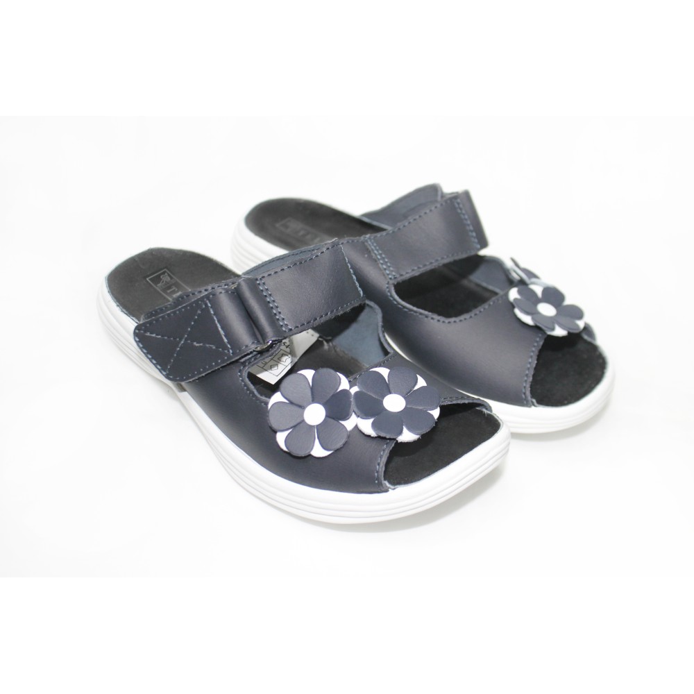 Сабо женские из натуральной кожи с открытым носом на липучке цвет тёмно-синий