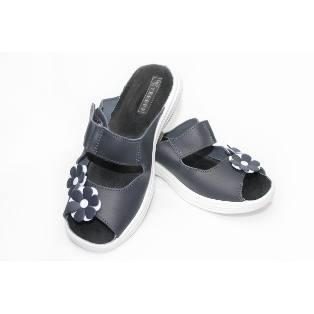 Сабо женские из натуральной кожи с открытым носом на липучке цвет тёмно-синий