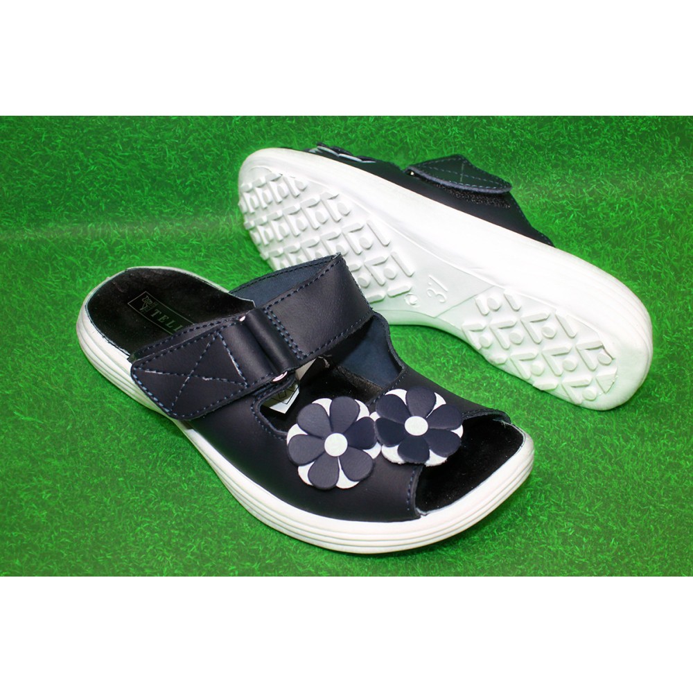 Сабо женские из натуральной кожи с открытым носом на липучке цвет тёмно-синий