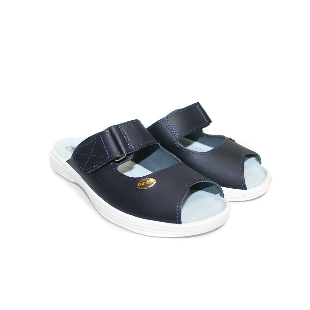 Сабо женские из натуральной кожи на липучке с открытым носом цвет тёмно-синий