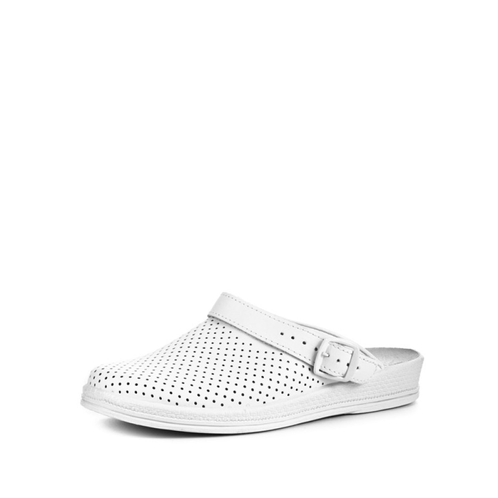 Сабо женские из натуральной кожи на низком подъеме с ремешком и подпятником цвет белый