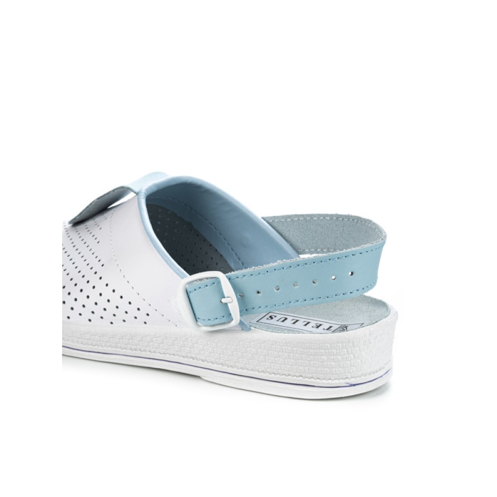 Сабо женские из натуральной кожи с голубым ремешком и фиксатором с натуральной стелькой цвет белый