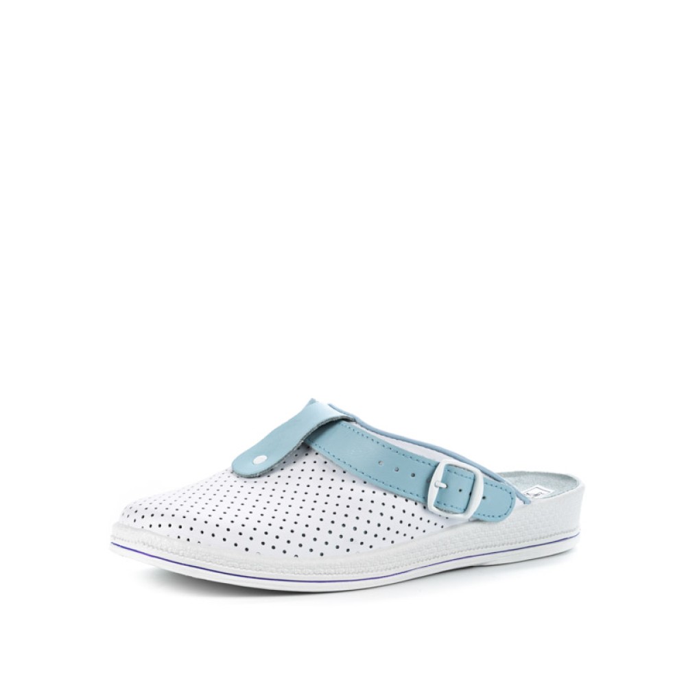 Сабо женские из натуральной кожи с голубым ремешком и фиксатором с натуральной стелькой цвет белый