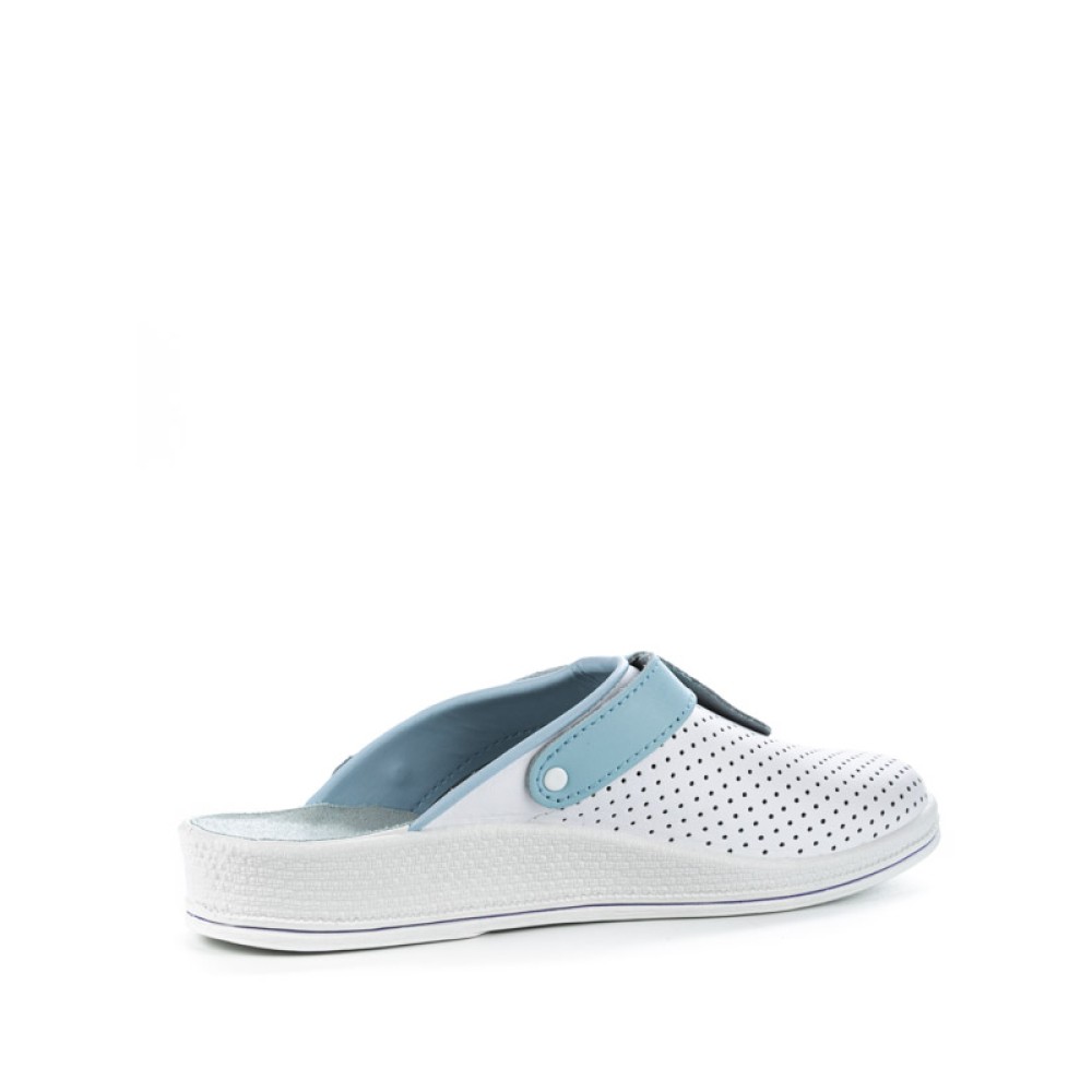 Сабо женские из натуральной кожи с голубым ремешком и фиксатором с натуральной стелькой цвет белый