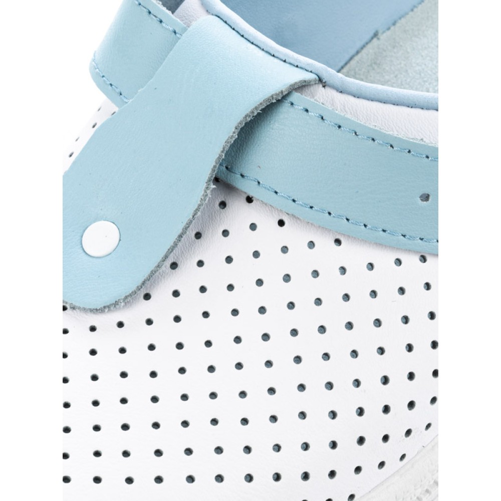 Сабо женские из натуральной кожи с голубым ремешком и фиксатором с натуральной стелькой цвет белый