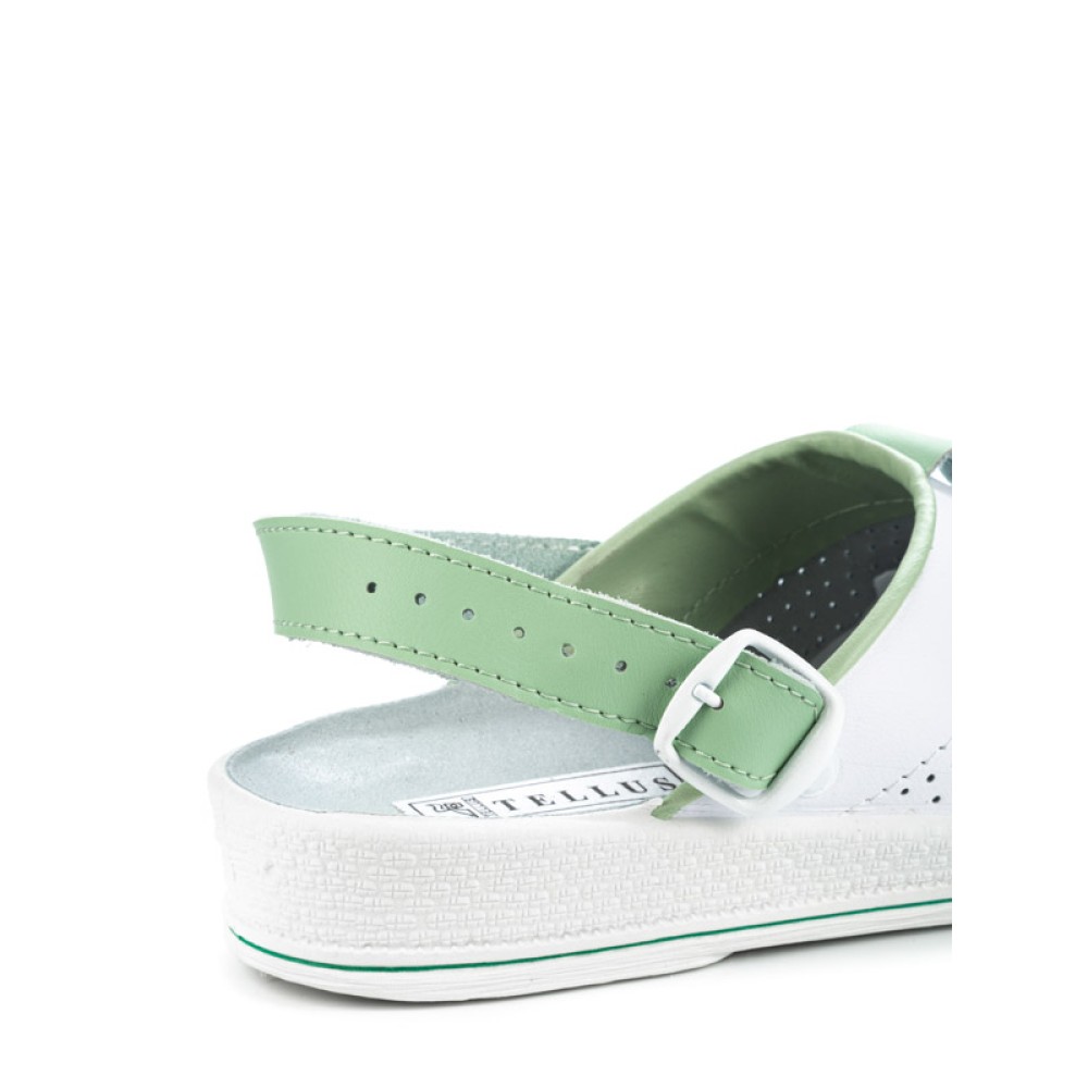 Сабо женские из натуральной кожи с зелёным ремешком и фиксатором с натуральной стелькой цвет белый