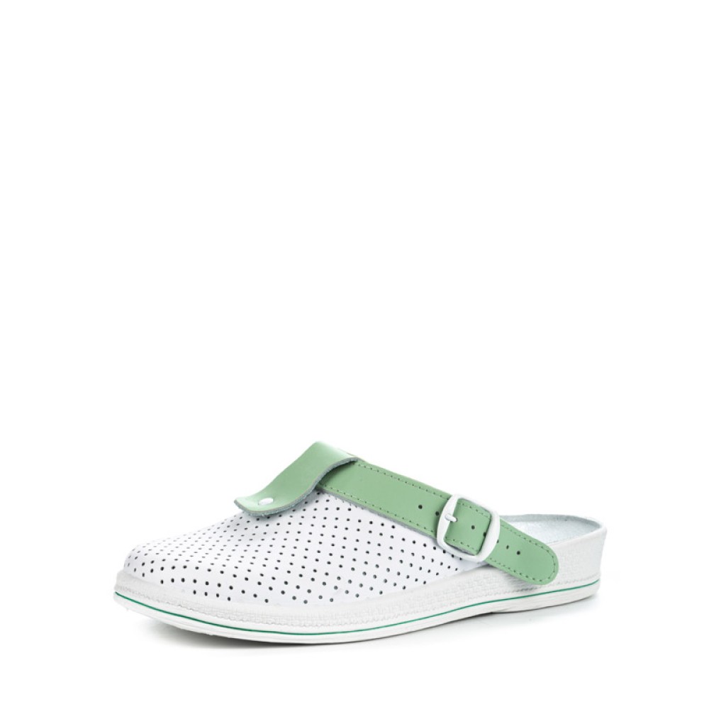 Сабо женские из натуральной кожи с зелёным ремешком и фиксатором с натуральной стелькой цвет белый