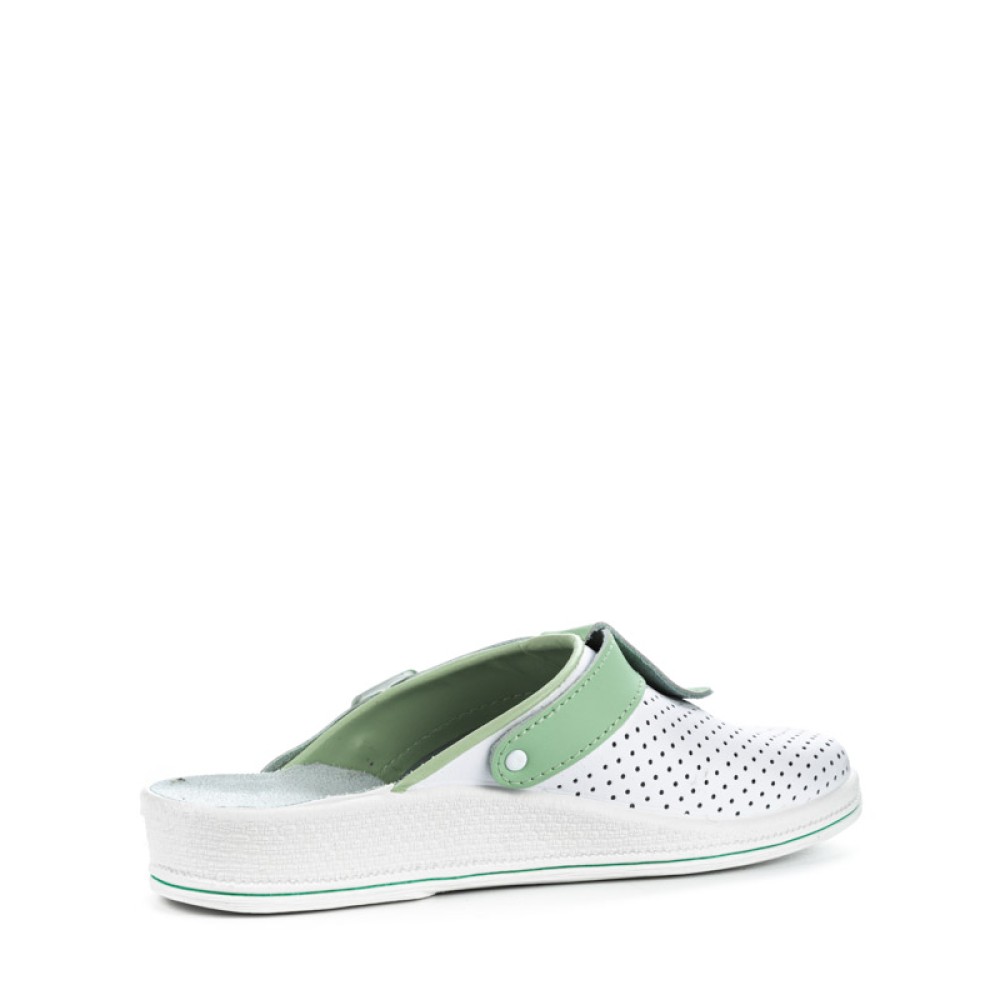 Сабо женские из натуральной кожи с зелёным ремешком и фиксатором с натуральной стелькой цвет белый