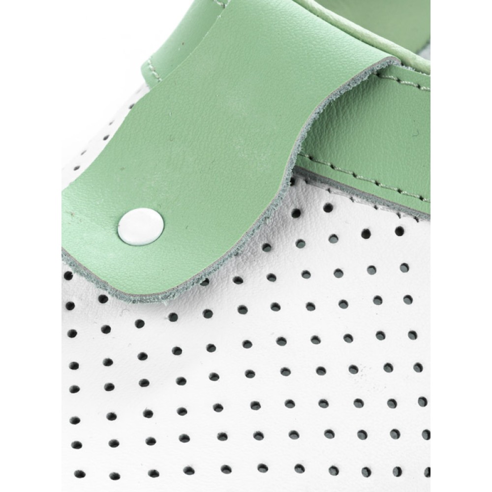 Сабо женские из натуральной кожи с зелёным ремешком и фиксатором с натуральной стелькой цвет белый