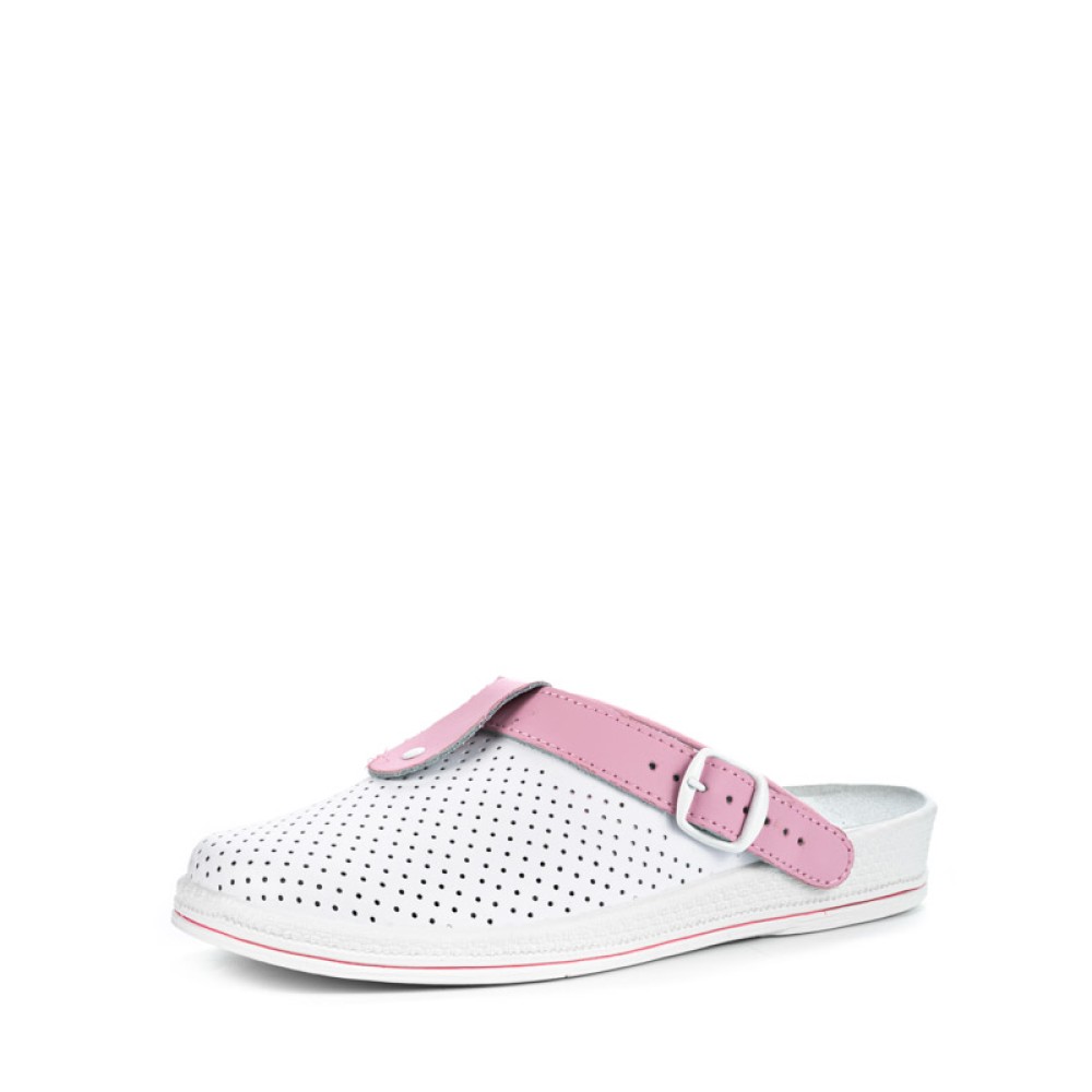 Сабо женские из натуральной кожи с розовым ремешком и фиксатором с натуральной стелькой цвет белый