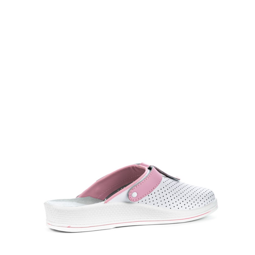 Сабо женские из натуральной кожи с розовым ремешком и фиксатором с натуральной стелькой цвет белый