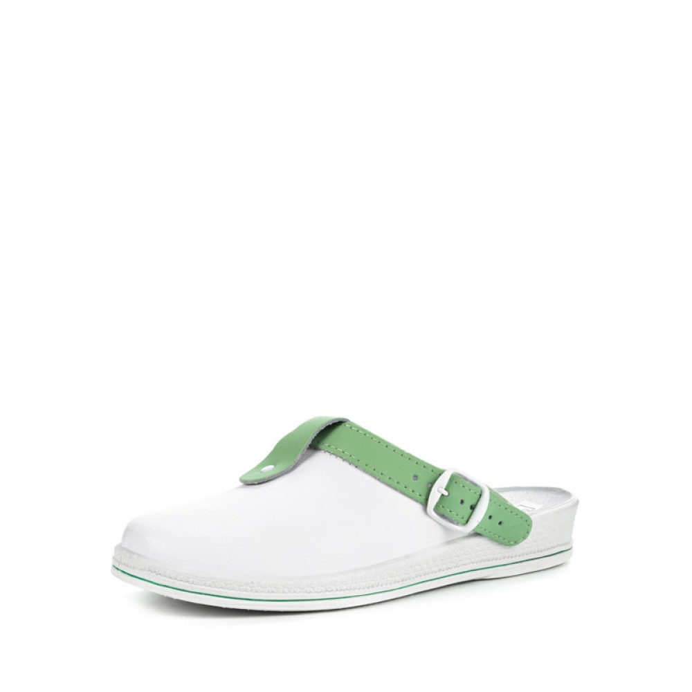 Сабо женские из натуральной кожи без перфорации с зелёным ремешком и натуральной стелькой цвет белый