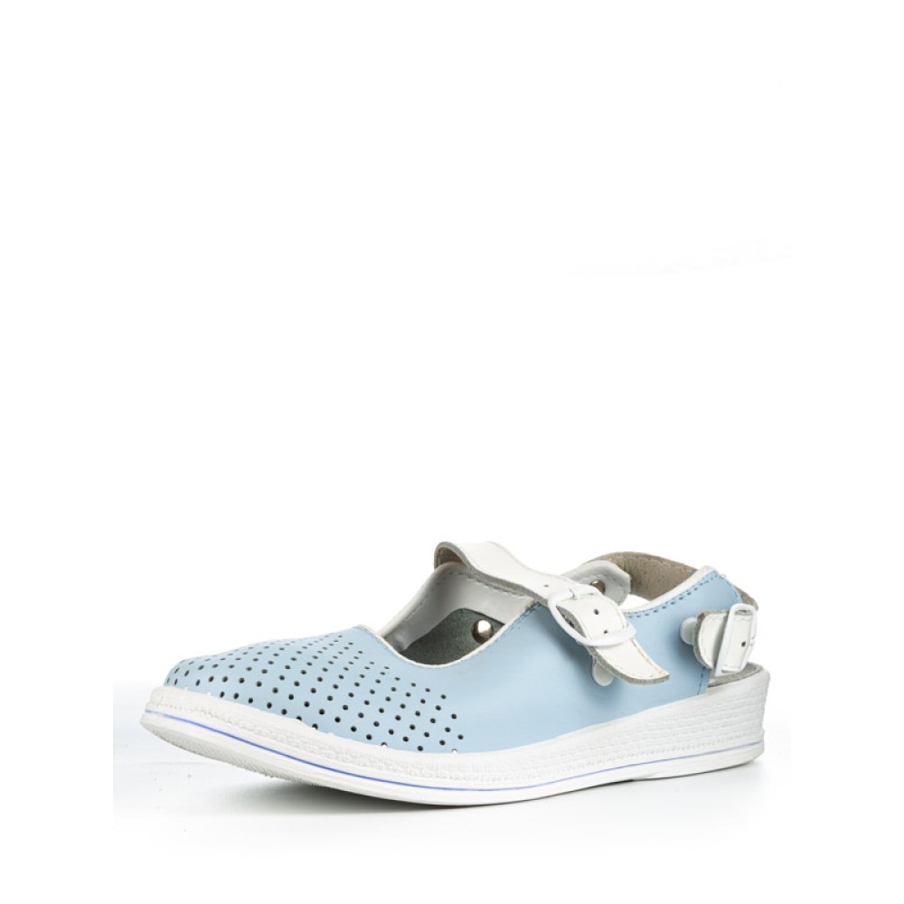 Сандалии сабо женские из натуральной кожи с белым ремешком на ровной подошве цвет голубой