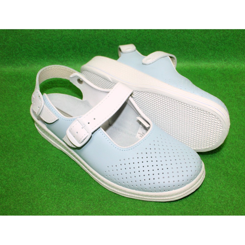 Сандалии сабо женские из натуральной кожи с белым ремешком на ровной подошве цвет голубой