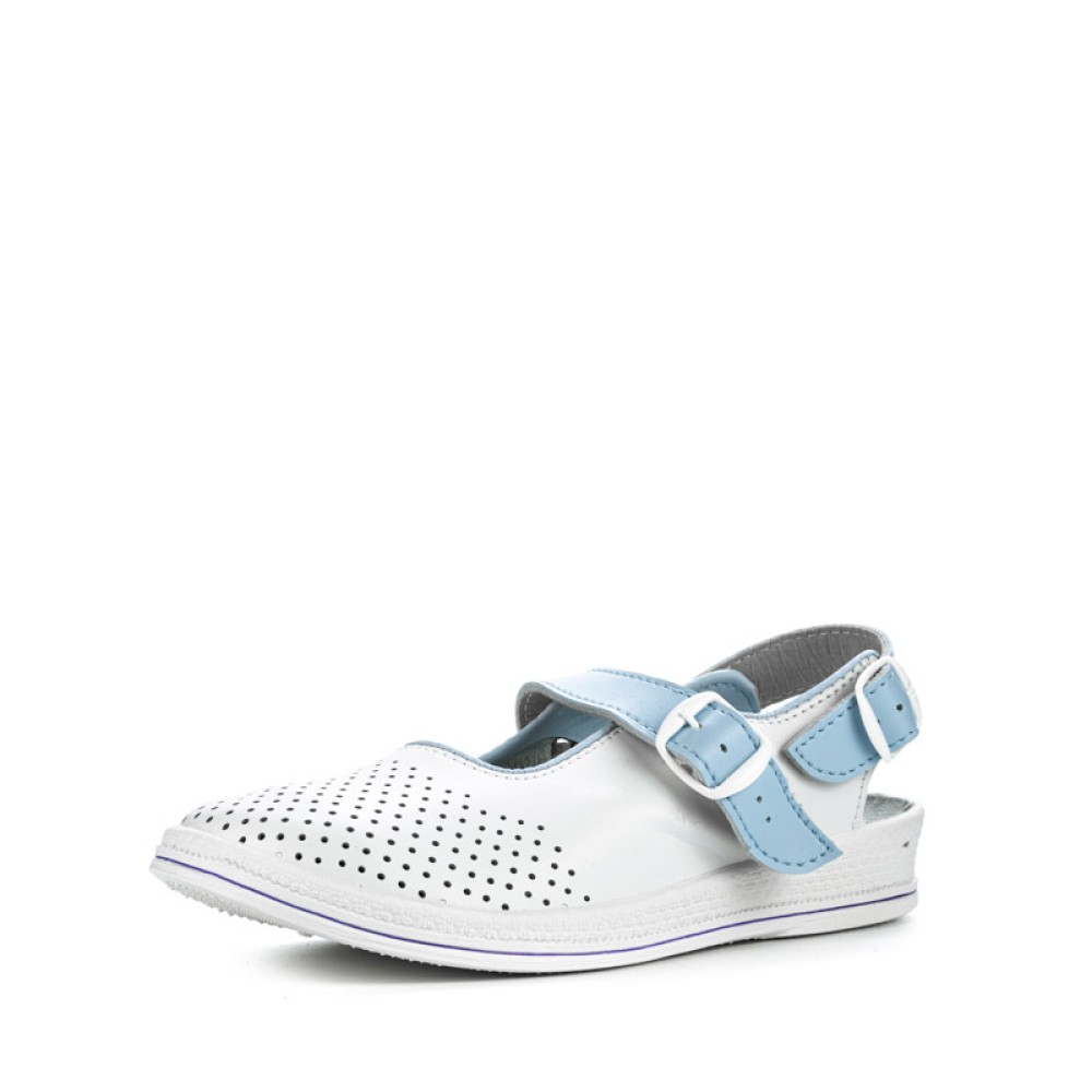 Сандалии сабо женские из натуральной кожи с голубым ремешком на ровной подошве цвет белый