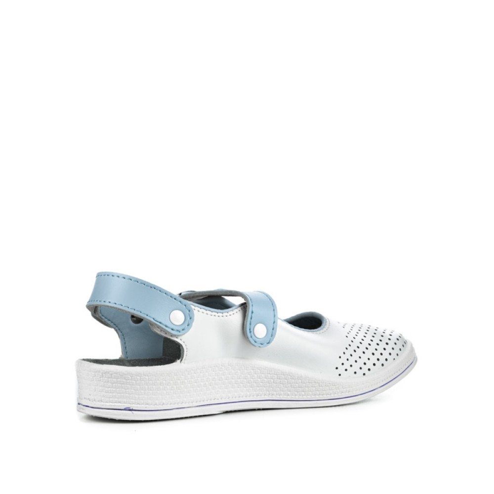 Сандалии сабо женские из натуральной кожи с голубым ремешком на ровной подошве цвет белый