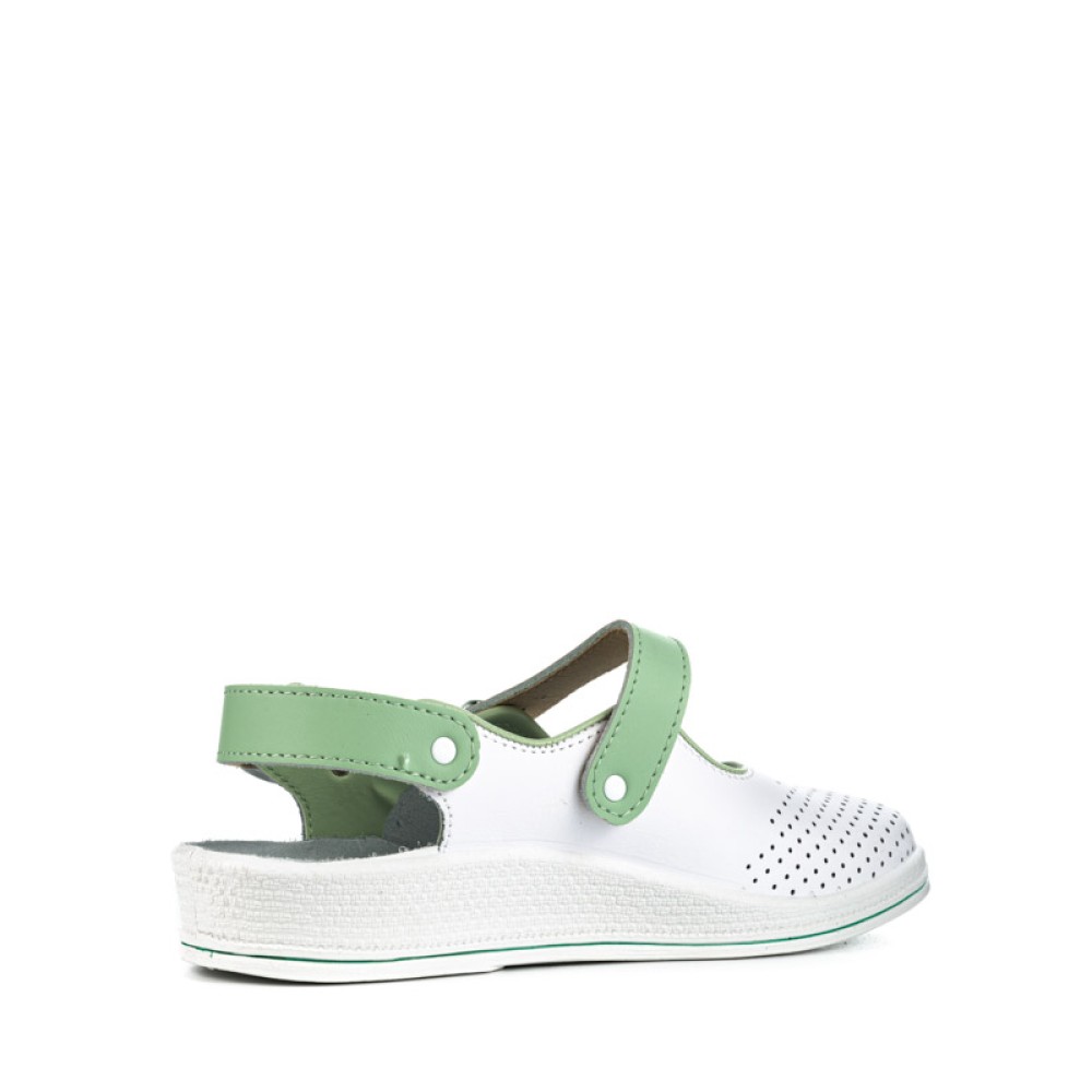 Сандалии сабо женские из натуральной кожи с зелёным ремешком на ровной подошве цвет белый