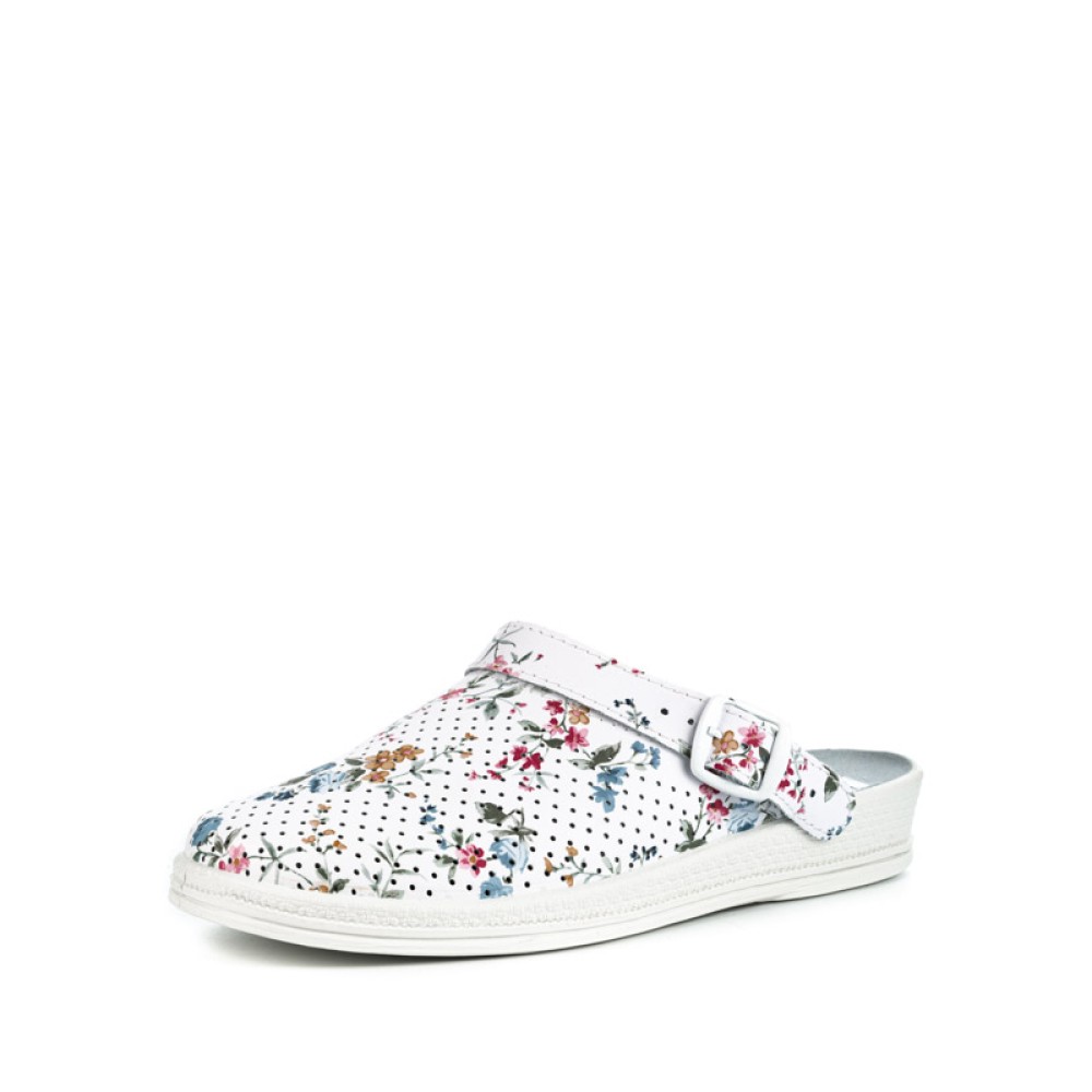 Сабо женские из натуральной кожи на низком подъеме с ремешком цвет белый с принтом